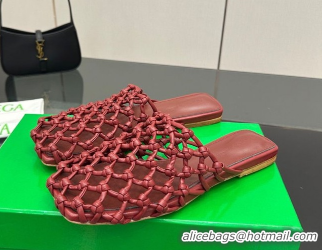 Perfect Bottega Veneta Riva Flat Slides Sandal in Woven Knotted Leather Dark Burgundy 50709068