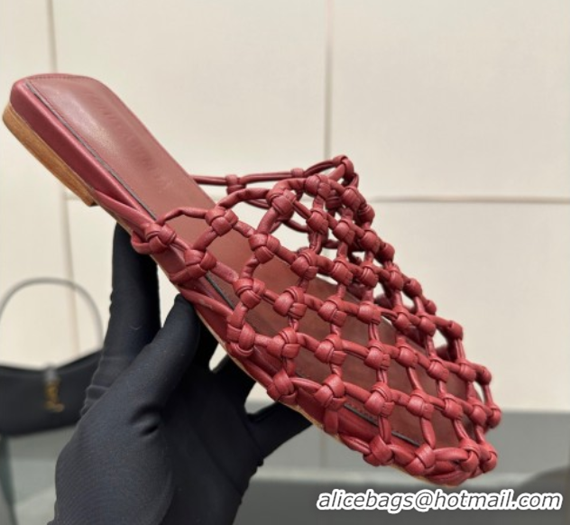 Perfect Bottega Veneta Riva Flat Slides Sandal in Woven Knotted Leather Dark Burgundy 50709068