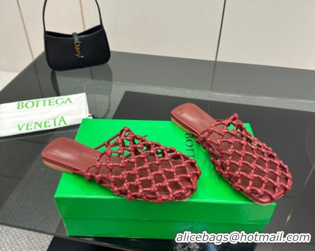 Perfect Bottega Veneta Riva Flat Slides Sandal in Woven Knotted Leather Dark Burgundy 50709068