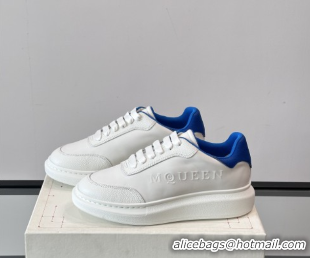 Top Design Alexander McQueen Oversized Sneakers in Calfskin Leather AM19 White/Blue 5081906
