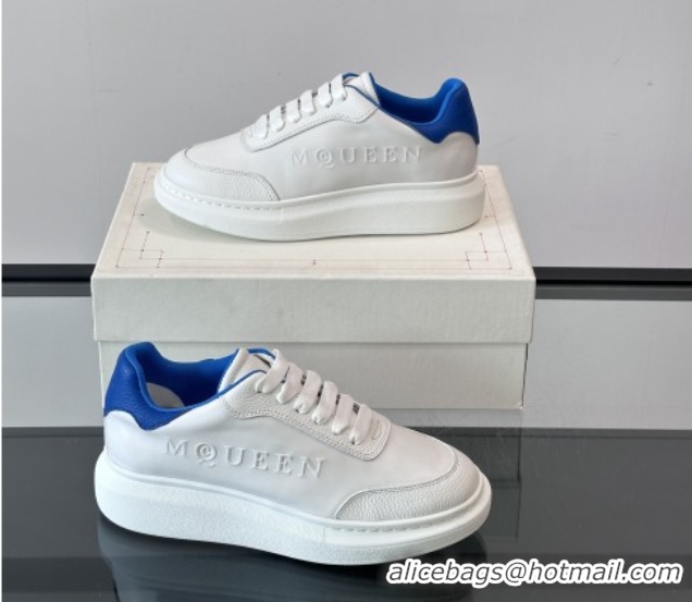Top Design Alexander McQueen Oversized Sneakers in Calfskin Leather AM19 White/Blue 5081906