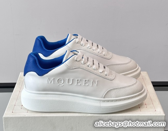 Top Design Alexander McQueen Oversized Sneakers in Calfskin Leather AM19 White/Blue 5081906