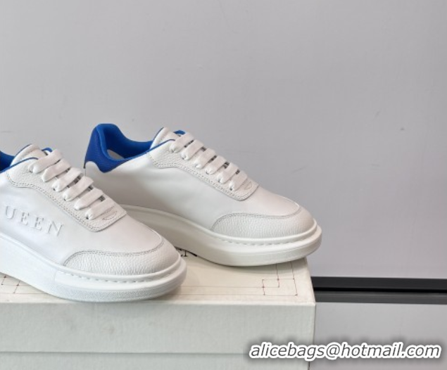 Top Design Alexander McQueen Oversized Sneakers in Calfskin Leather AM19 White/Blue 5081906