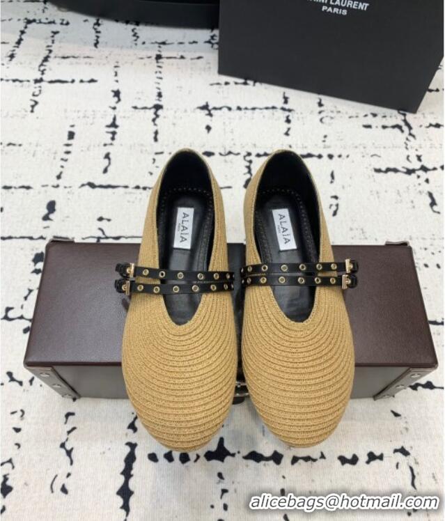 Buy Cheap Alaia Ballet Flats in Raffia Straw with Double Buckle Strap 0810 Khaki 2024