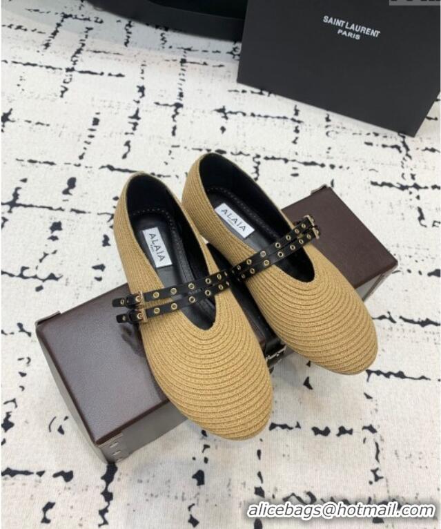 Buy Cheap Alaia Ballet Flats in Raffia Straw with Double Buckle Strap 0810 Khaki 2024