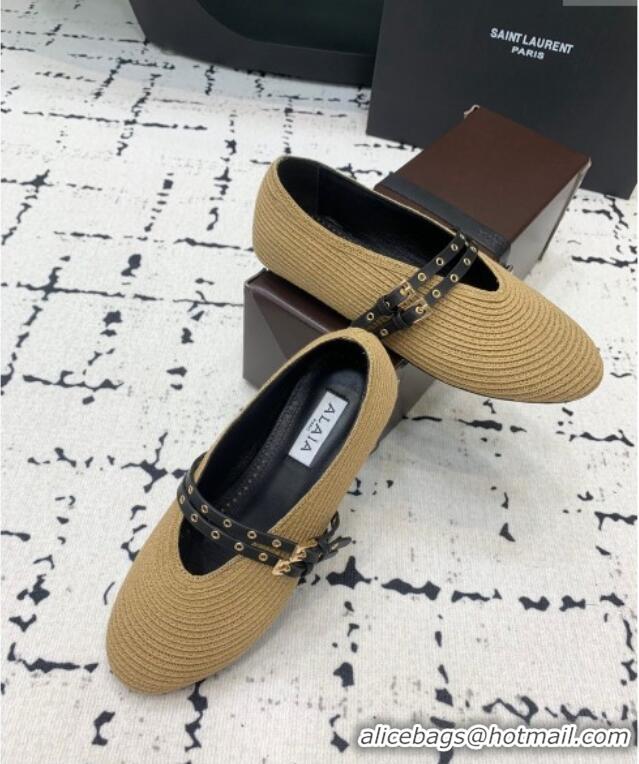 Buy Cheap Alaia Ballet Flats in Raffia Straw with Double Buckle Strap 0810 Khaki 2024