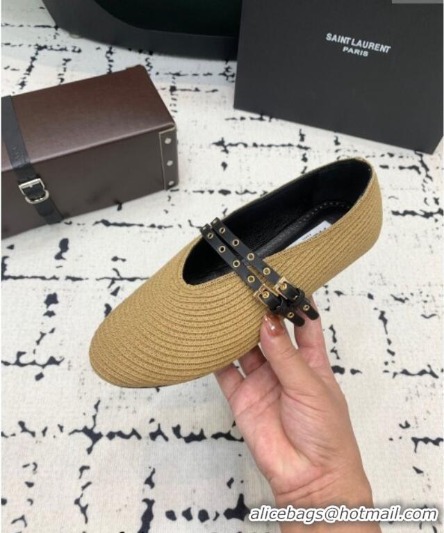Buy Cheap Alaia Ballet Flats in Raffia Straw with Double Buckle Strap 0810 Khaki 2024