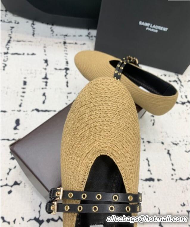 Buy Cheap Alaia Ballet Flats in Raffia Straw with Double Buckle Strap 0810 Khaki 2024