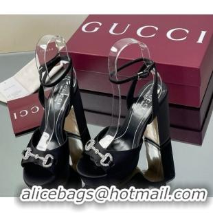 Unique Style Gucci Satin Platform Sandals 11.5cm with Strass Horsebit Black 0711138