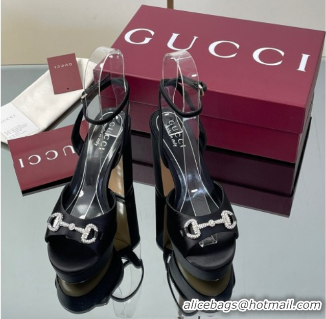 Unique Style Gucci Satin Platform Sandals 11.5cm with Strass Horsebit Black 0711138