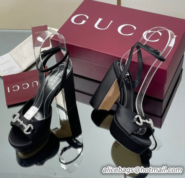Unique Style Gucci Satin Platform Sandals 11.5cm with Strass Horsebit Black 0711138