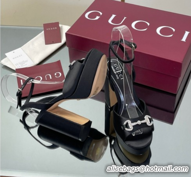 Unique Style Gucci Satin Platform Sandals 11.5cm with Strass Horsebit Black 0711138
