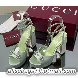 Top Grade Gucci Satin Platform Sandals 11.5cm with Strass Horsebit Green 0711139