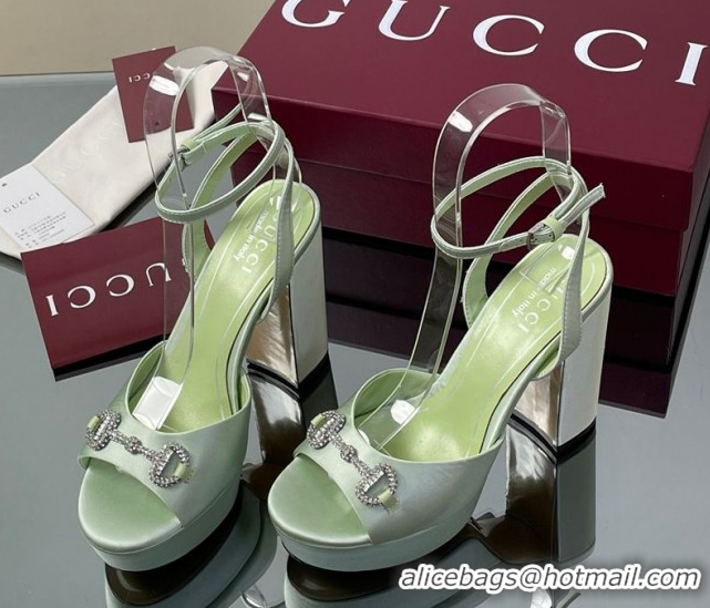 Top Grade Gucci Satin Platform Sandals 11.5cm with Strass Horsebit Green 0711139