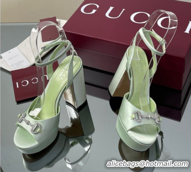 Top Grade Gucci Satin Platform Sandals 11.5cm with Strass Horsebit Green 0711139