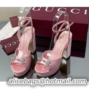 Discount Gucci Satin Platform Sandals 11.5cm with Strass Horsebit Pink 50711140