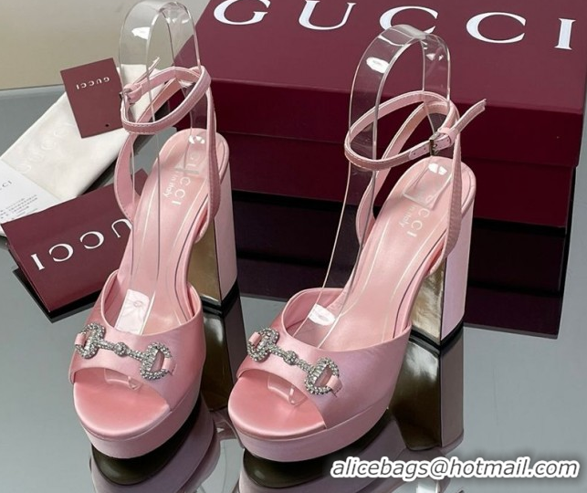 Discount Gucci Satin Platform Sandals 11.5cm with Strass Horsebit Pink 50711140