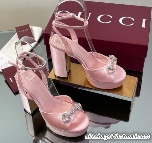 Discount Gucci Satin Platform Sandals 11.5cm with Strass Horsebit Pink 50711140