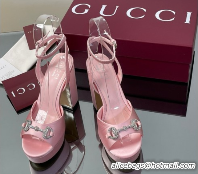 Discount Gucci Satin Platform Sandals 11.5cm with Strass Horsebit Pink 50711140