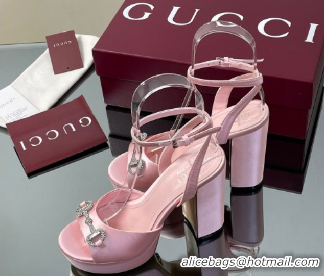 Discount Gucci Satin Platform Sandals 11.5cm with Strass Horsebit Pink 50711140