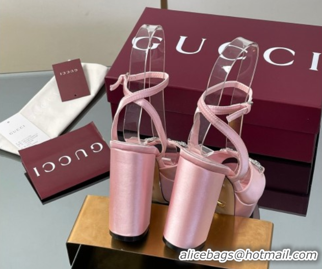 Discount Gucci Satin Platform Sandals 11.5cm with Strass Horsebit Pink 50711140