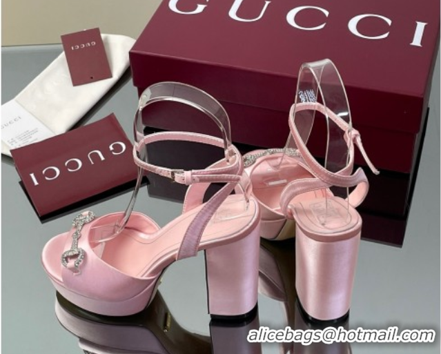 Discount Gucci Satin Platform Sandals 11.5cm with Strass Horsebit Pink 50711140