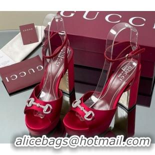 Grade Quality Gucci Satin Platform Sandals 11.5cm with Strass Horsebit Red 50711141