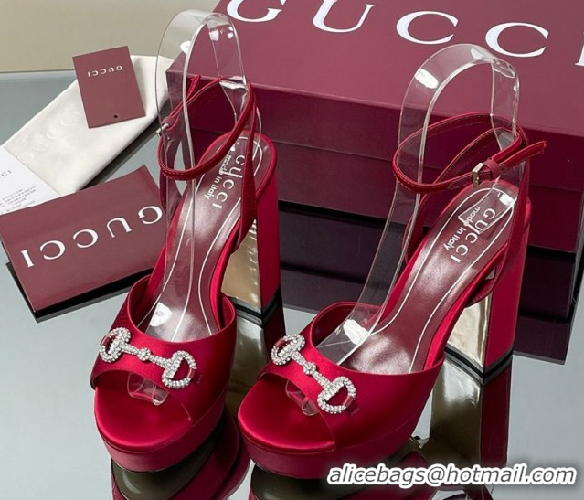 Grade Quality Gucci Satin Platform Sandals 11.5cm with Strass Horsebit Red 50711141