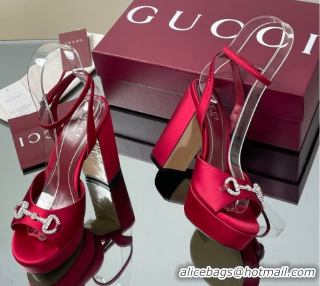 Grade Quality Gucci Satin Platform Sandals 11.5cm with Strass Horsebit Red 50711141