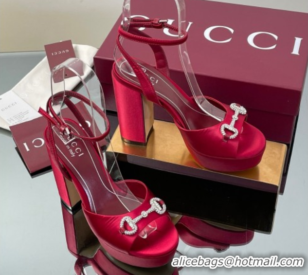Grade Quality Gucci Satin Platform Sandals 11.5cm with Strass Horsebit Red 50711141
