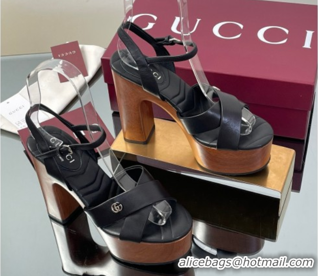 Buy New Cheap Gucci Platform Sandals 13cm with Wood-Like Outsole in Lambskin Leather Black 50711142