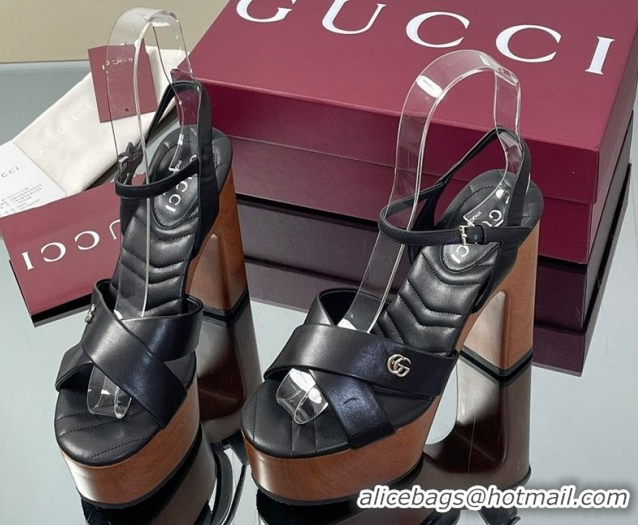 Buy New Cheap Gucci Platform Sandals 13cm with Wood-Like Outsole in Lambskin Leather Black 50711142