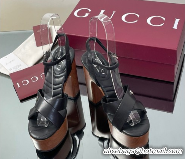 Buy New Cheap Gucci Platform Sandals 13cm with Wood-Like Outsole in Lambskin Leather Black 50711142