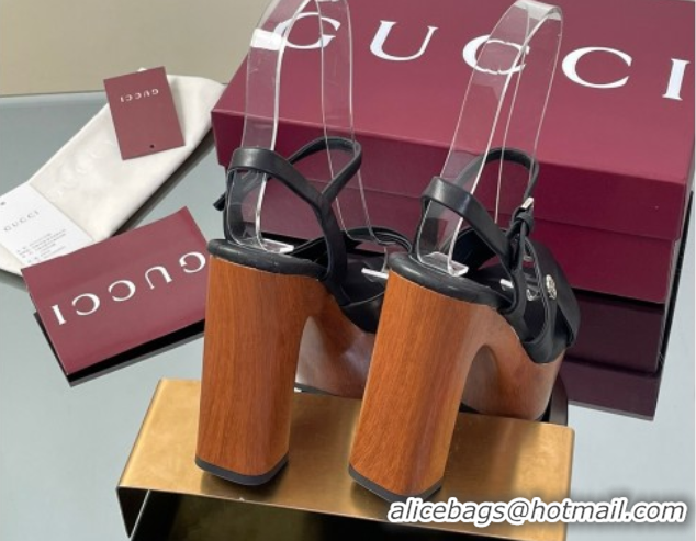 Buy New Cheap Gucci Platform Sandals 13cm with Wood-Like Outsole in Lambskin Leather Black 50711142