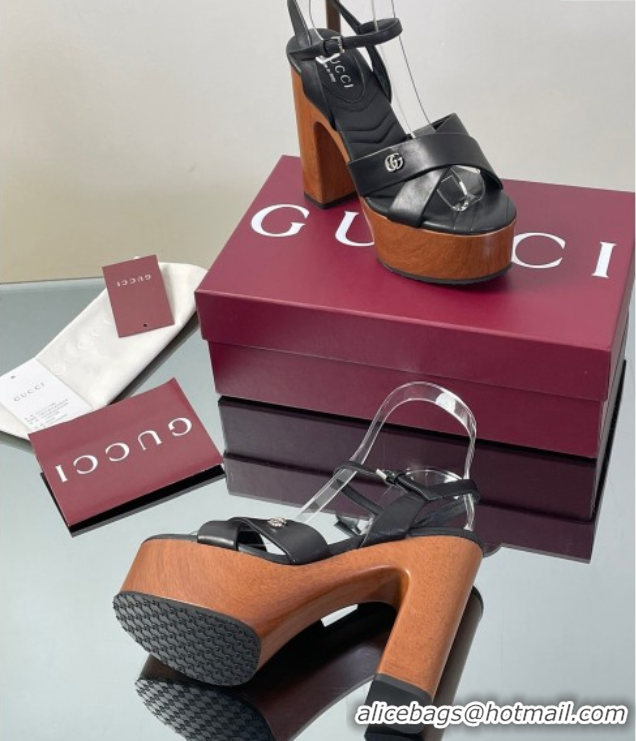 Buy New Cheap Gucci Platform Sandals 13cm with Wood-Like Outsole in Lambskin Leather Black 50711142