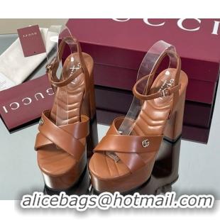 Durable Gucci Platform Sandals 13cm with Wood-Like Outsole in Lambskin Leather Brown 50711143