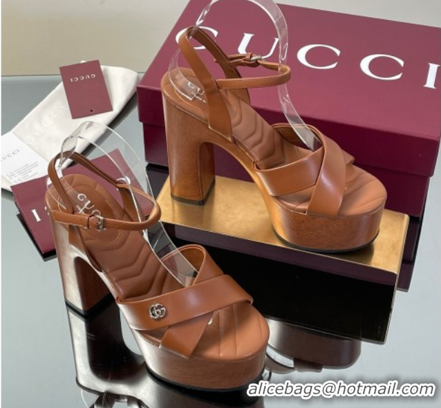 Durable Gucci Platform Sandals 13cm with Wood-Like Outsole in Lambskin Leather Brown 50711143