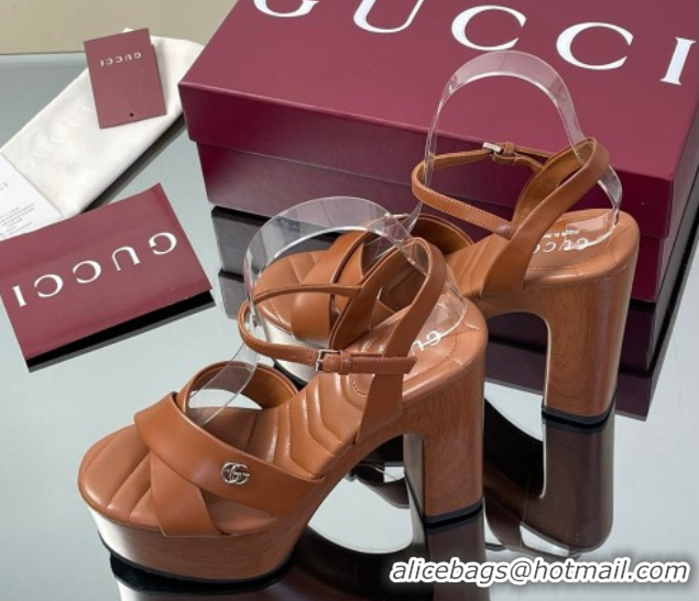 Durable Gucci Platform Sandals 13cm with Wood-Like Outsole in Lambskin Leather Brown 50711143