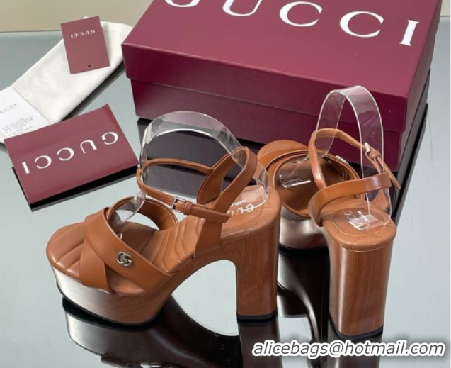 Durable Gucci Platform Sandals 13cm with Wood-Like Outsole in Lambskin Leather Brown 50711143