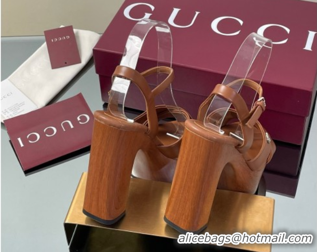 Durable Gucci Platform Sandals 13cm with Wood-Like Outsole in Lambskin Leather Brown 50711143