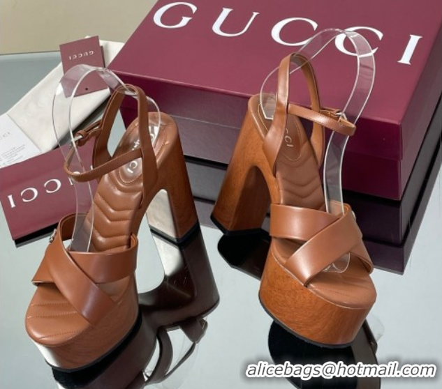 Durable Gucci Platform Sandals 13cm with Wood-Like Outsole in Lambskin Leather Brown 50711143