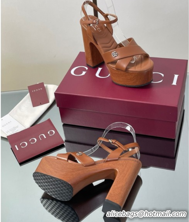 Durable Gucci Platform Sandals 13cm with Wood-Like Outsole in Lambskin Leather Brown 50711143