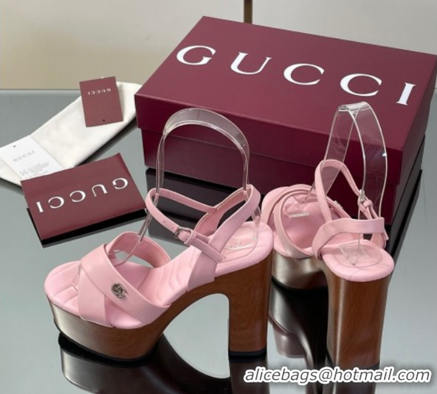 Best Product Gucci Platform Sandals 13cm with Wood-Like Outsole in Lambskin Leather Pink 50711145