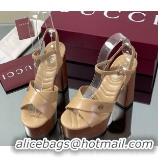 Shop Duplicate Gucci Platform Sandals 13cm with Wood-Like Outsole in Lambskin Leather Apricot 50711146