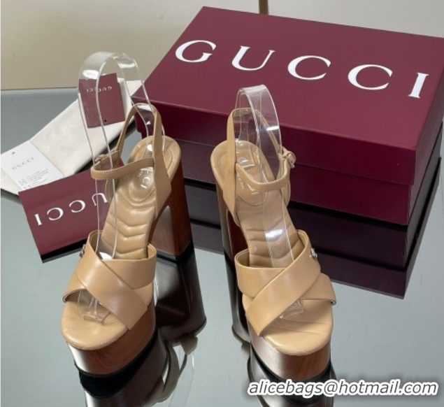 Shop Duplicate Gucci Platform Sandals 13cm with Wood-Like Outsole in Lambskin Leather Apricot 50711146