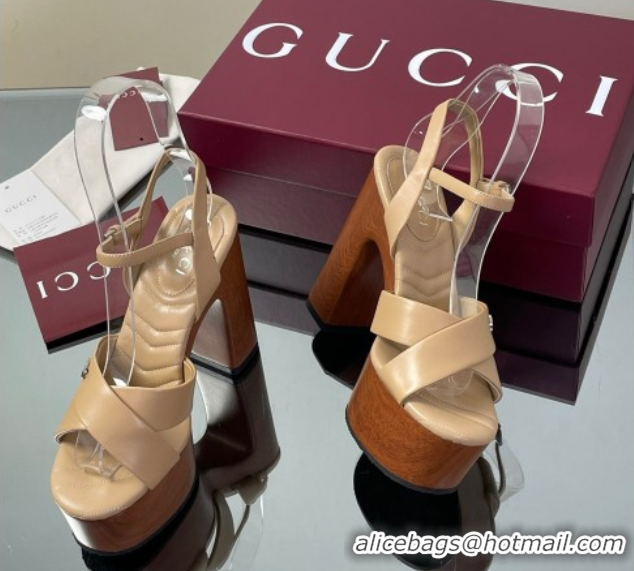 Shop Duplicate Gucci Platform Sandals 13cm with Wood-Like Outsole in Lambskin Leather Apricot 50711146