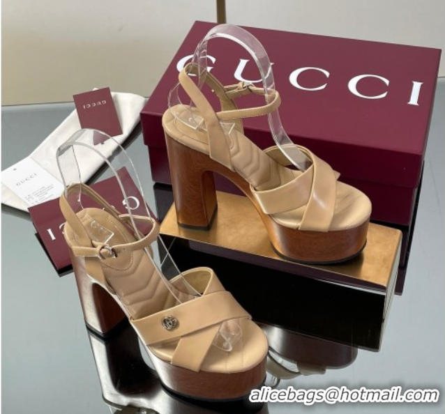 Shop Duplicate Gucci Platform Sandals 13cm with Wood-Like Outsole in Lambskin Leather Apricot 50711146