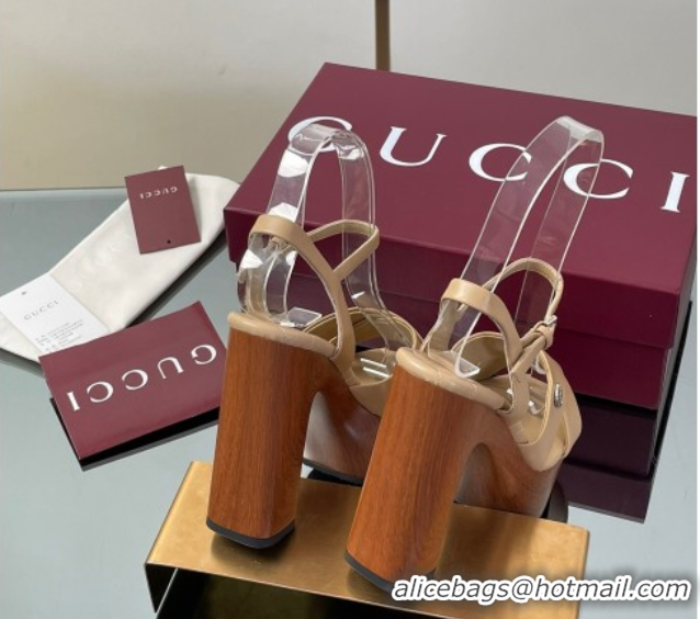 Shop Duplicate Gucci Platform Sandals 13cm with Wood-Like Outsole in Lambskin Leather Apricot 50711146