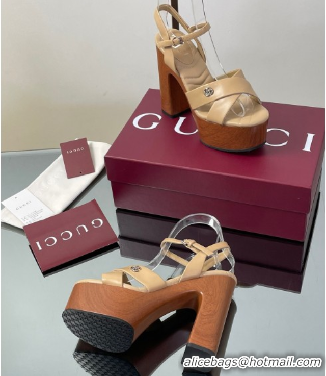Shop Duplicate Gucci Platform Sandals 13cm with Wood-Like Outsole in Lambskin Leather Apricot 50711146