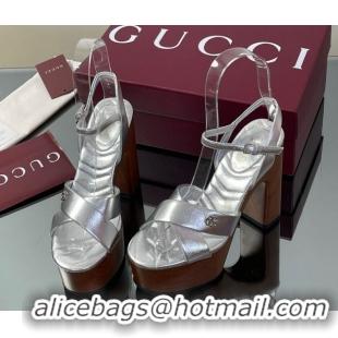 Shop Cheap Gucci Platform Sandals 13cm with Wood-Like Outsole in Metallic Leather Silver 50711147